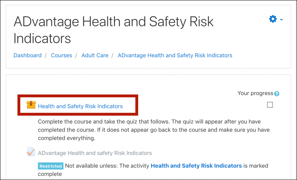 Example OKLMS ADvantage course page, with the first activity link "Health and Safety Risk Indicators Learning Modules" highlighted