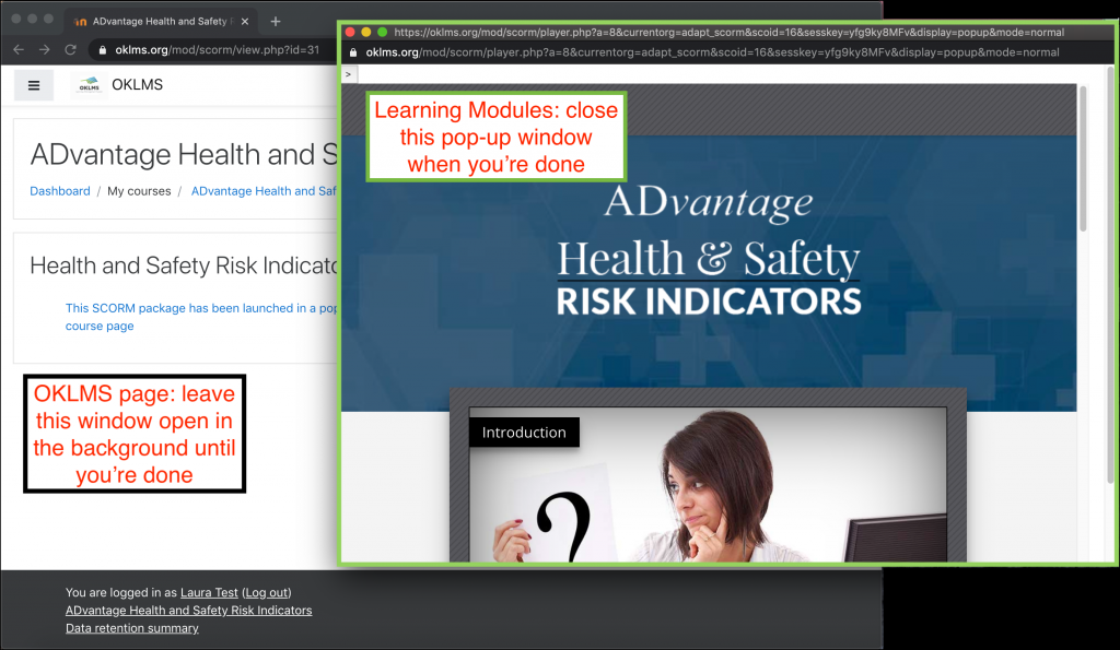 Two layered windows: OKLMS page in background, labeled "OKLMS page: leave this window open in the background until you're done"; Learning modules page in front, labeled "Learning Modules: close this pop-up window when you're done."