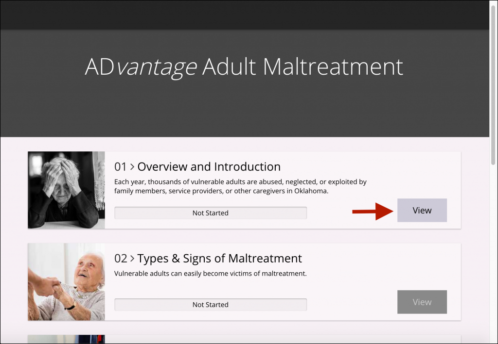 Example Learning Modules menu page, displaying a list of each topic in the modules, and an arrow indicating the first topic's "view" button