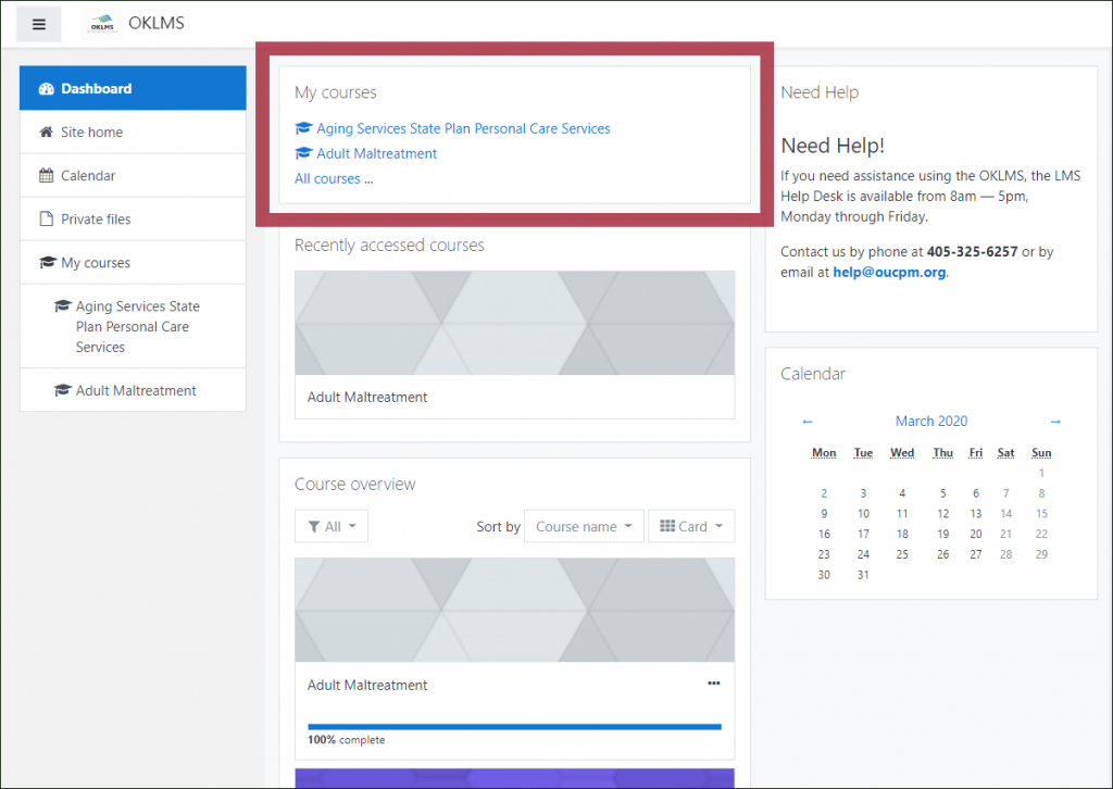 OKLMS dashboard page, with the "My courses" block highlighted