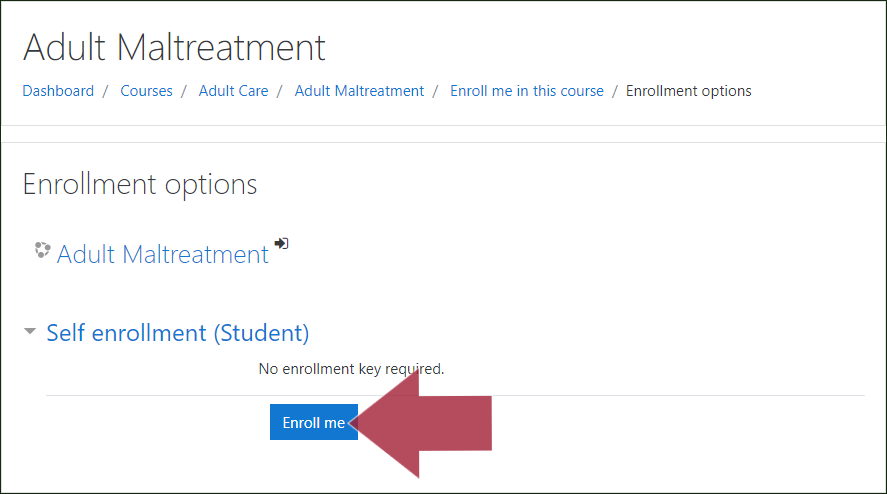 Example "Enrollment options" window, with an arrow indicating the "Enroll me" button