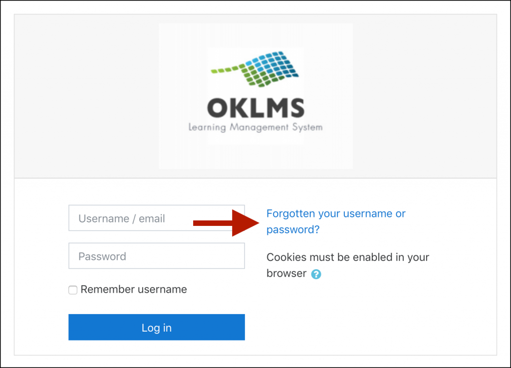 OKLMS login window, with an arrow indicating the "Forgotten your username or password?" link