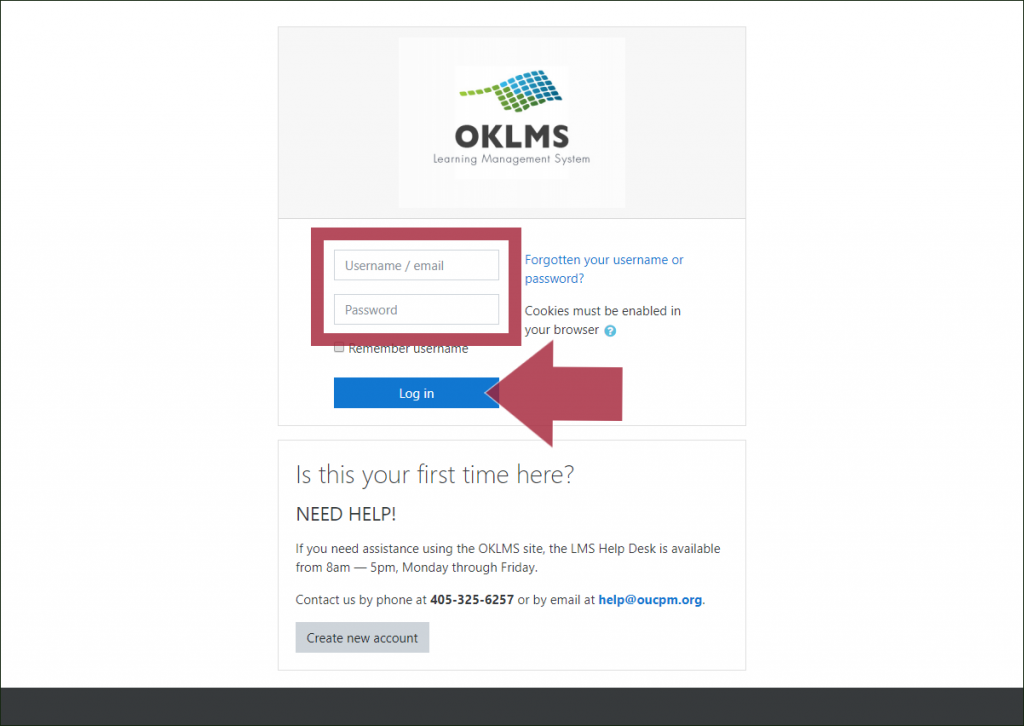 OKLMS login page, with the Username/email and Password input fields highlighted, and with an arrow indicating the "Log in" button