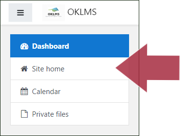 Navigation menu (displaying options: Dashboard, Site home, Calendar, Private files) with an arrow indicating "Site home"