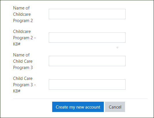 OKLMS New Account form, "Other fields" section, displaying the following fields: Name of Childcare Program 2, Childcare Program 2 - K8#, Name of Child Care Program 3, Child Care Program 3 - K8#