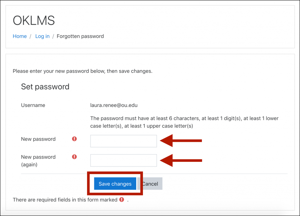 OKLMS Set Password window, with arrows indicating the "New password" and "New password (again) fields, and with the "Save changes" button highlighted