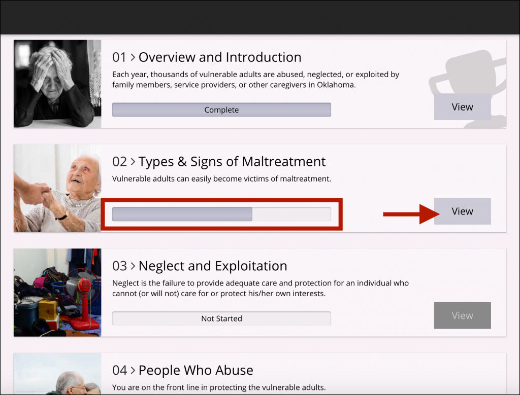 Example Learning Modules menu page, with an incomplete topic (indicated by a partially filled progress bar) highlighted, with an arrow indicating the "View" button