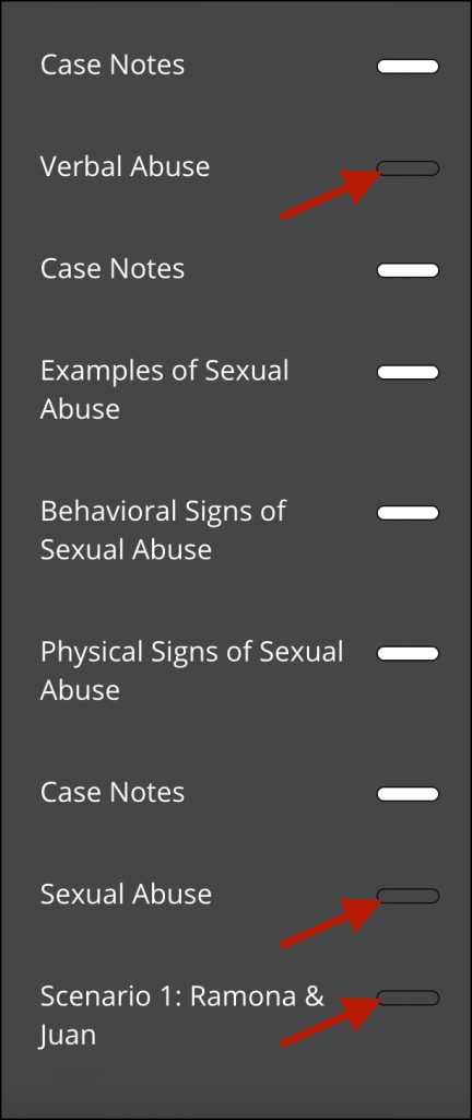 Example Learning Modules topic navigation menu, with arrows highlighting several incomplete menu items (indicated by empty completion markers)