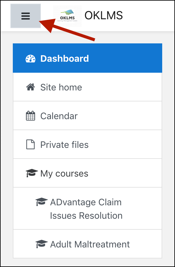 OKLMS Navigation menu, displaying the following options: Dashboard, Site home, Calendar, Private files, My courses; with an arrow indicating the menu icon in the top right-hand corner.