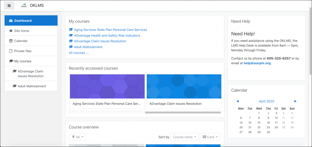 OKDHS dashboard page, displaying the navigation menu and the following information blocks: My courses, Recently accessed courses, Course overview, Need Help, and Calendar.