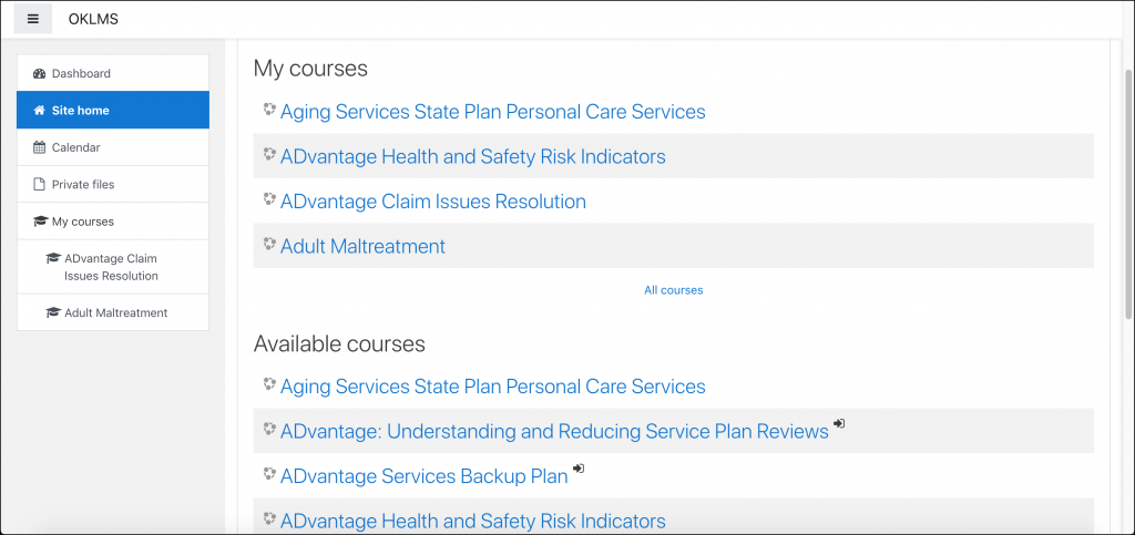 Example OKDHS "Site home" page, displaying a list of courses divided into two sections: My courses and Available courses.