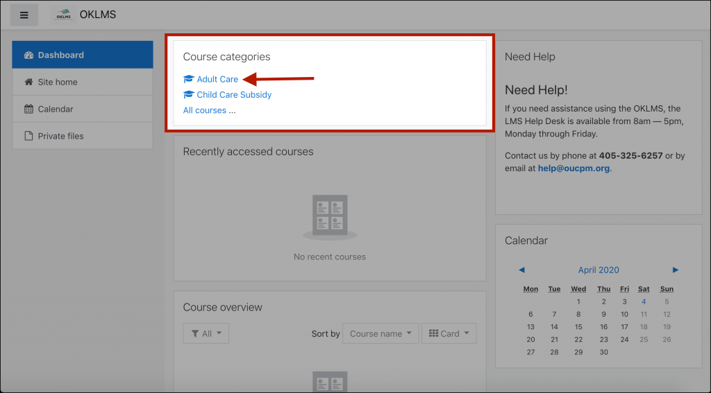 Example OKLMS dashboard page, with the "Course categories" block highlighted an an arrow indicating the "Adult Care" link