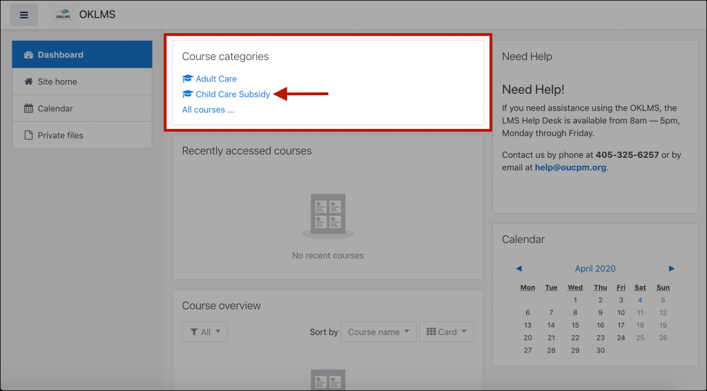 Example OKLMS dashboard page, with the "Course categories" block highlighted an an arrow indicating the "Child Care Subsidy" link