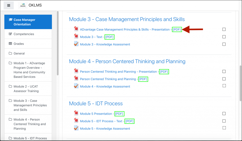 Example OKLMS course page displaying a list of activity links, including six Resource files with "PDF" in the title. An arrow indicates the first resource link.