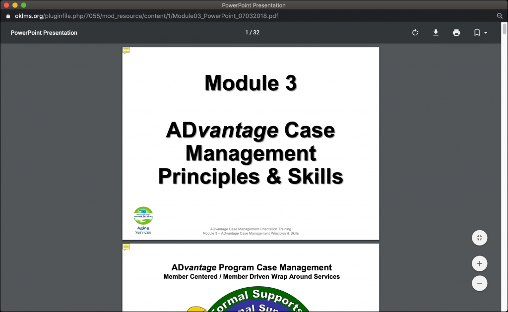 Example Resource pop-up window displaying the first page of a PDF file, with icons in the top right-hand corner: Rotate, Download, Print, Bookmarks.